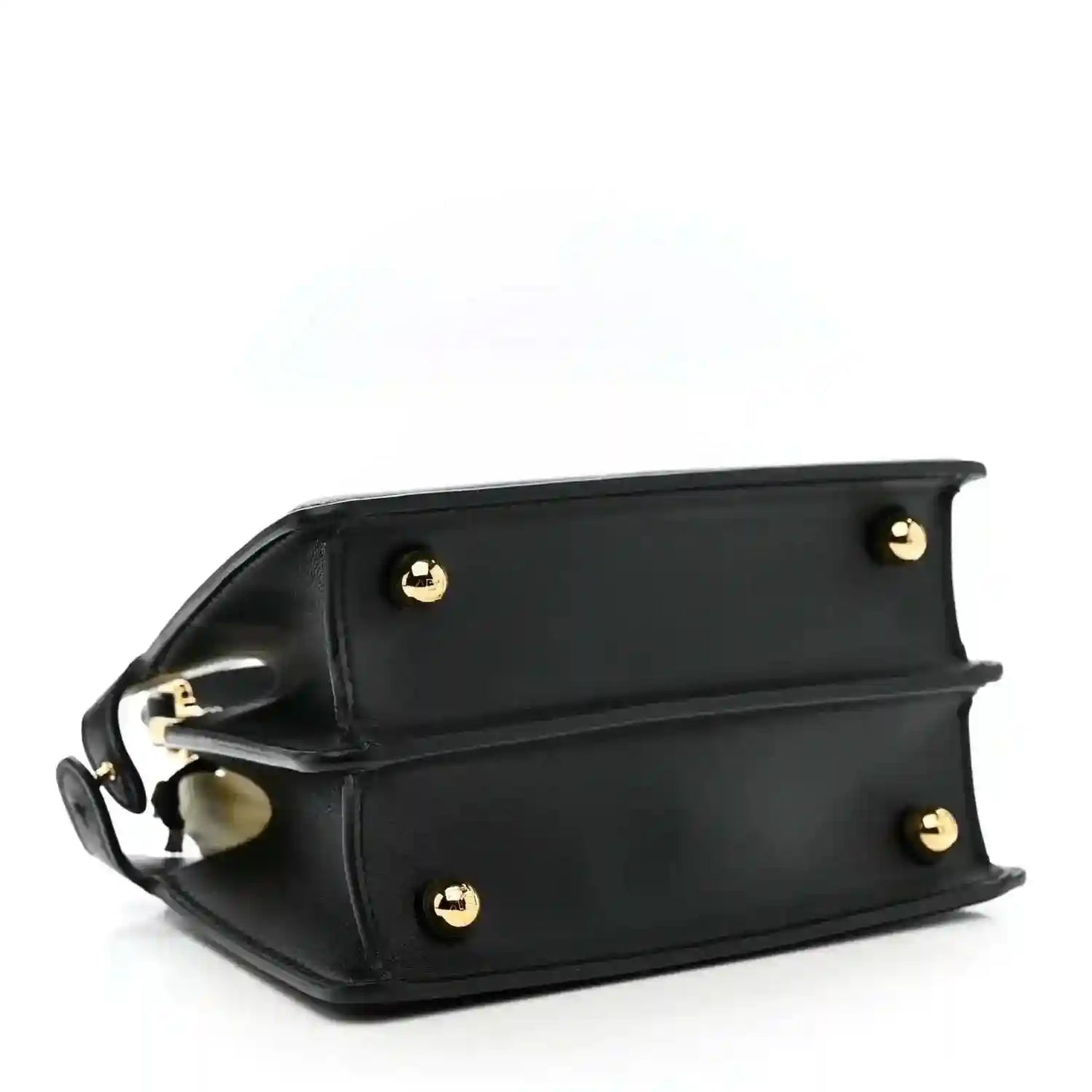 Black leather satchel with curved top, gold logo studs, and shoulder strap