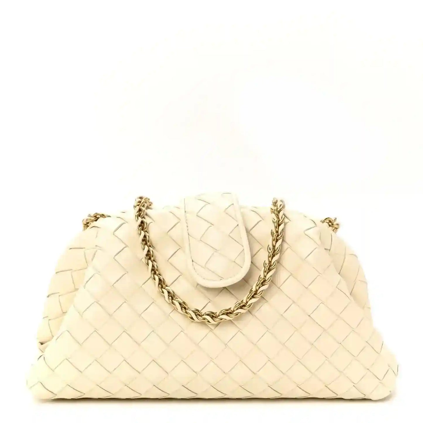White leather intrecciato clutch with gold-tone chain and top flap closure