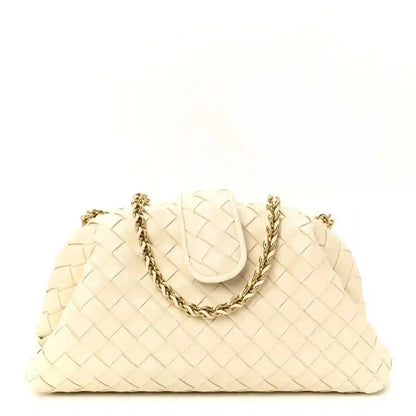 White leather intrecciato clutch with gold-tone chain and top flap closure