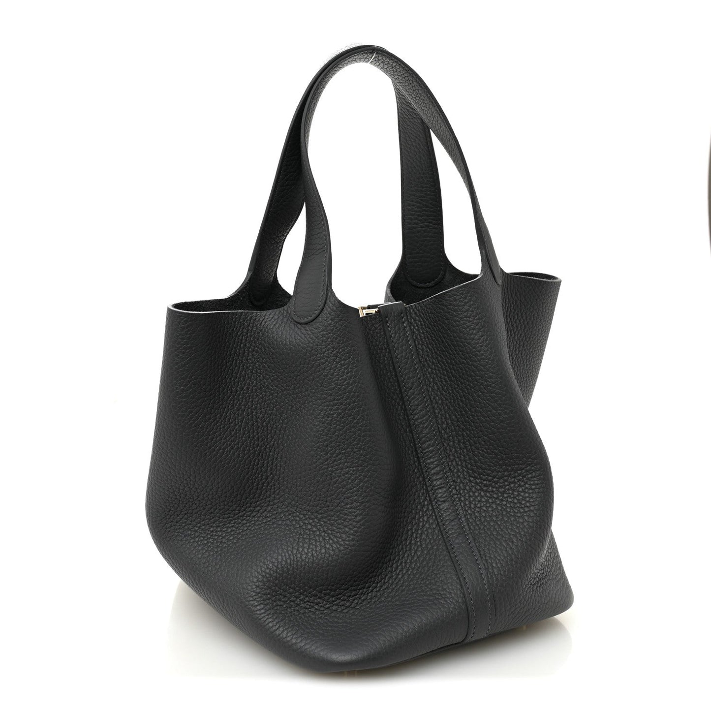 Dark gray leather tote bag with structured sides, top handles, and center front seam