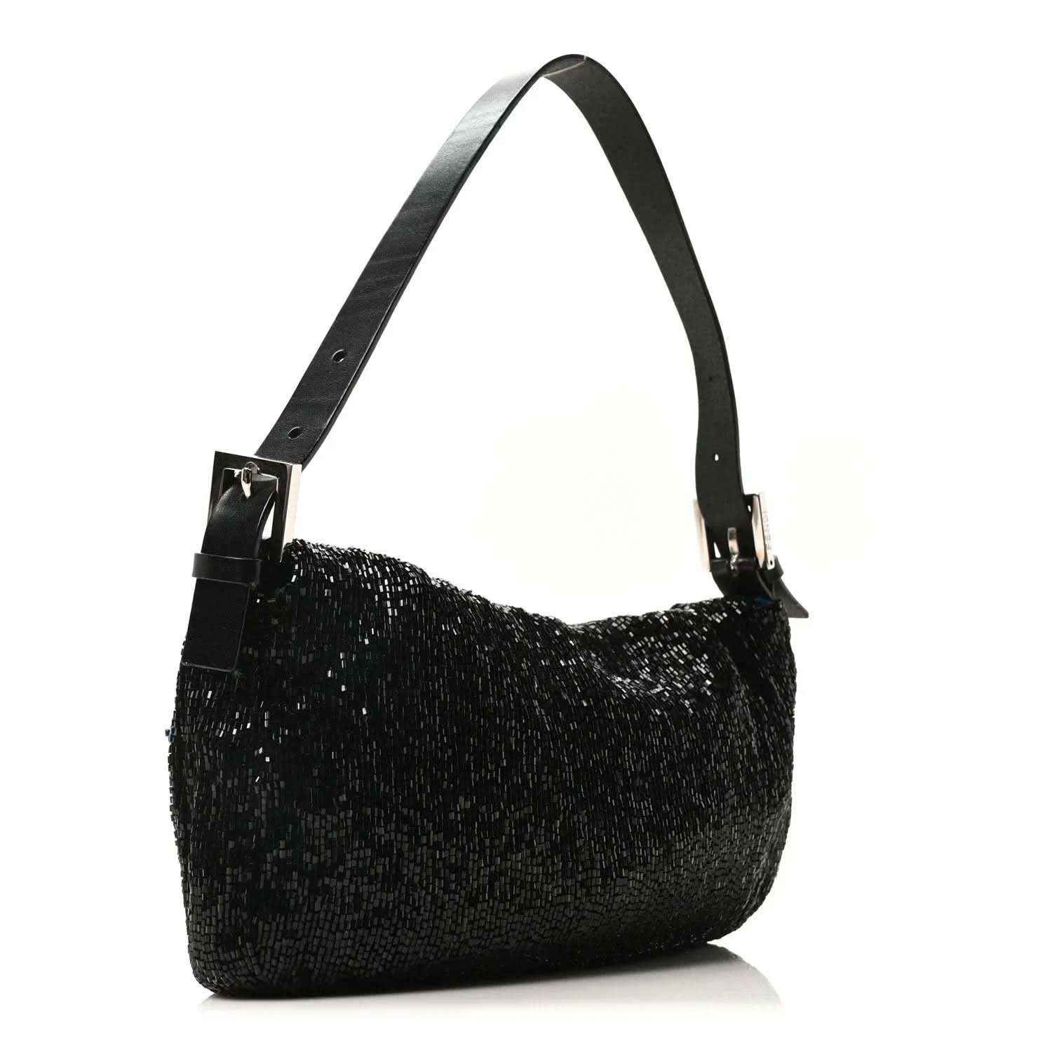 Black beaded baguette handbag with adjustable shoulder strap and silver hardware