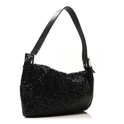 Black beaded baguette handbag with adjustable shoulder strap and silver hardware