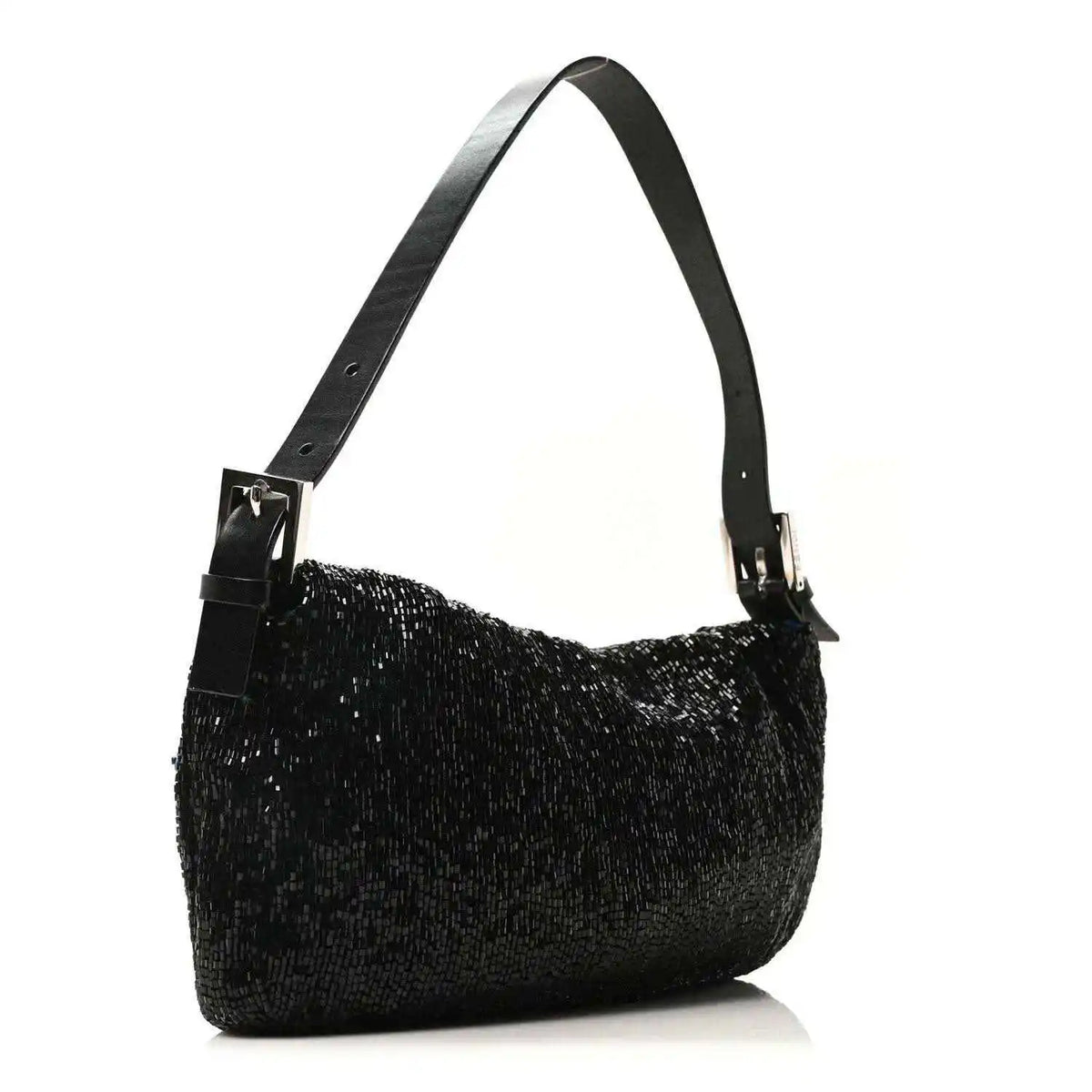 Black beaded baguette handbag with adjustable shoulder strap and silver hardware