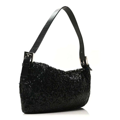 Black beaded baguette handbag with adjustable shoulder strap and silver hardware