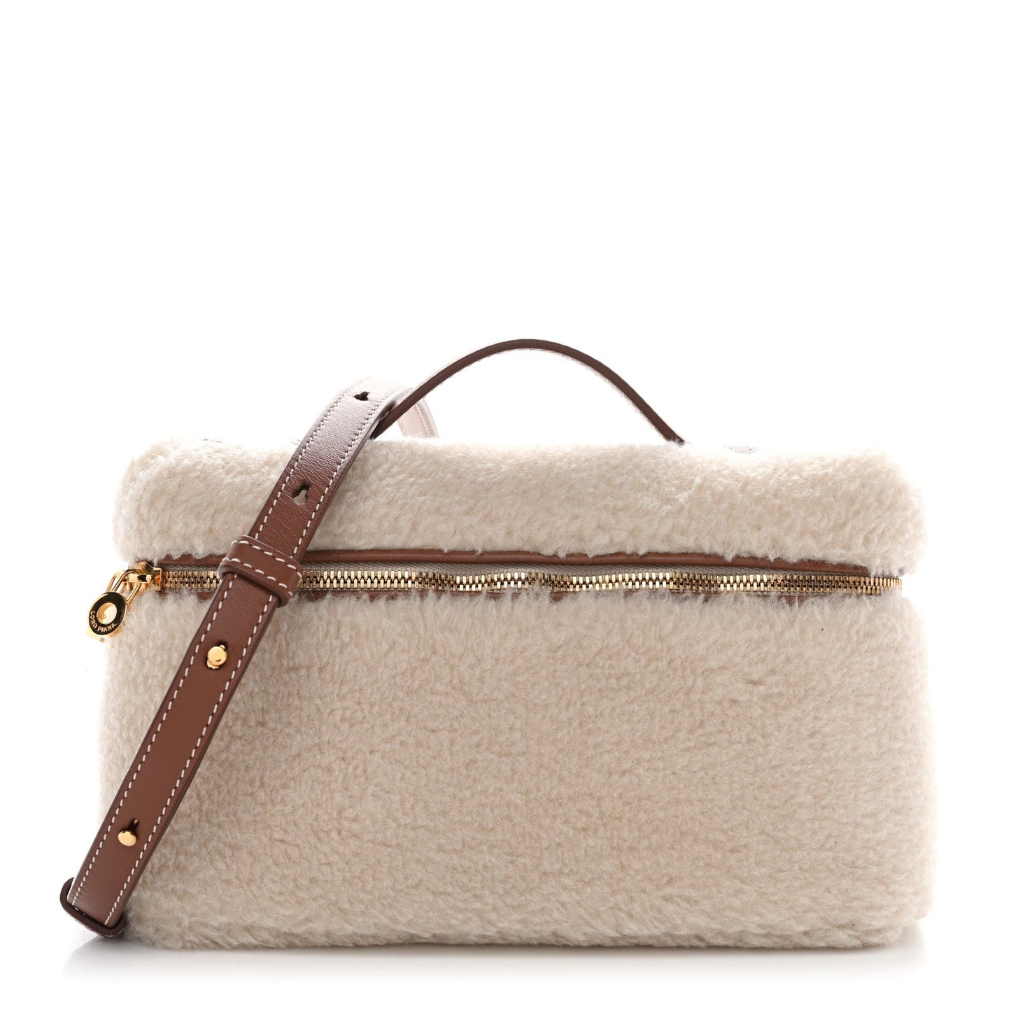 Cream faux-fur calfskin pouch with brown leather strap and gold zipper closure