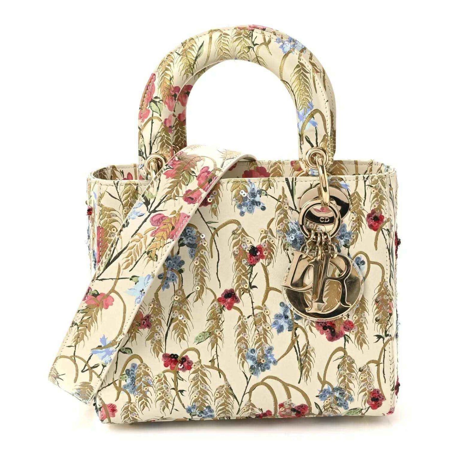 Embroidered floral tote bag with top handles and gold-tone CD hardware