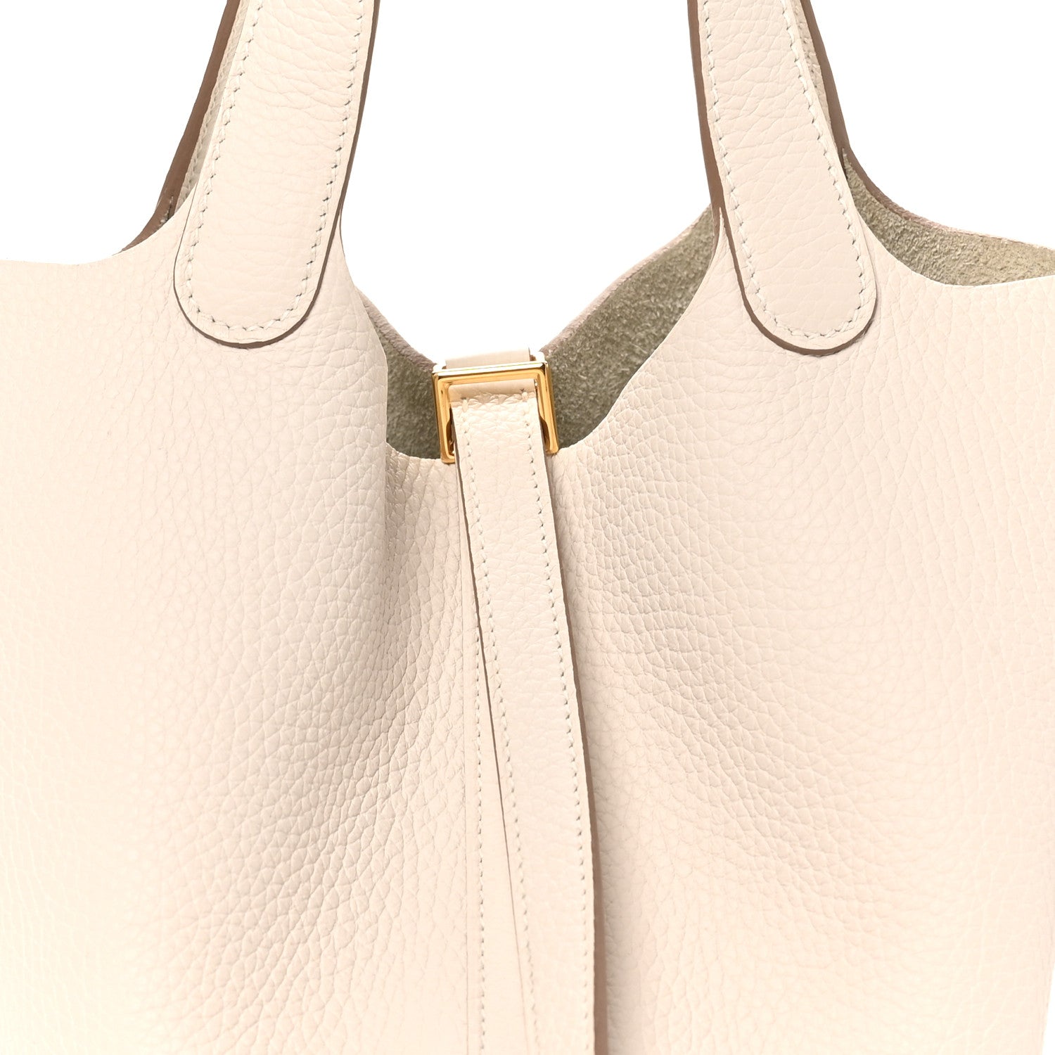 Pale cream leather tote handles with gold-toned clasp at front
