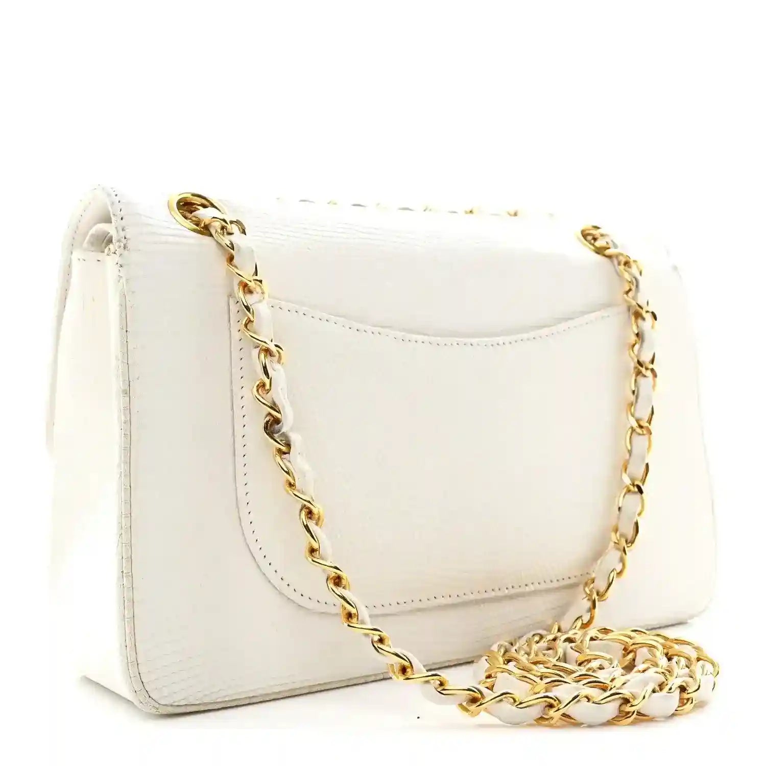 White leather flap shoulder bag with gold chain strap and Chanel logo accent on front