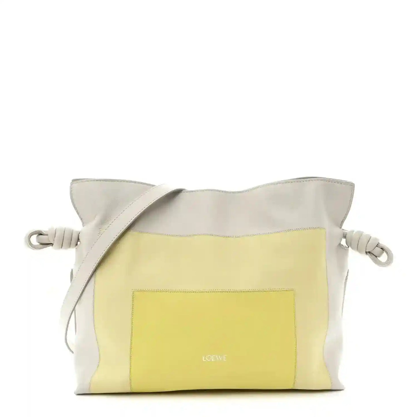 Knot clutch in pale grey leather with light citrine front panel and braided cord handles