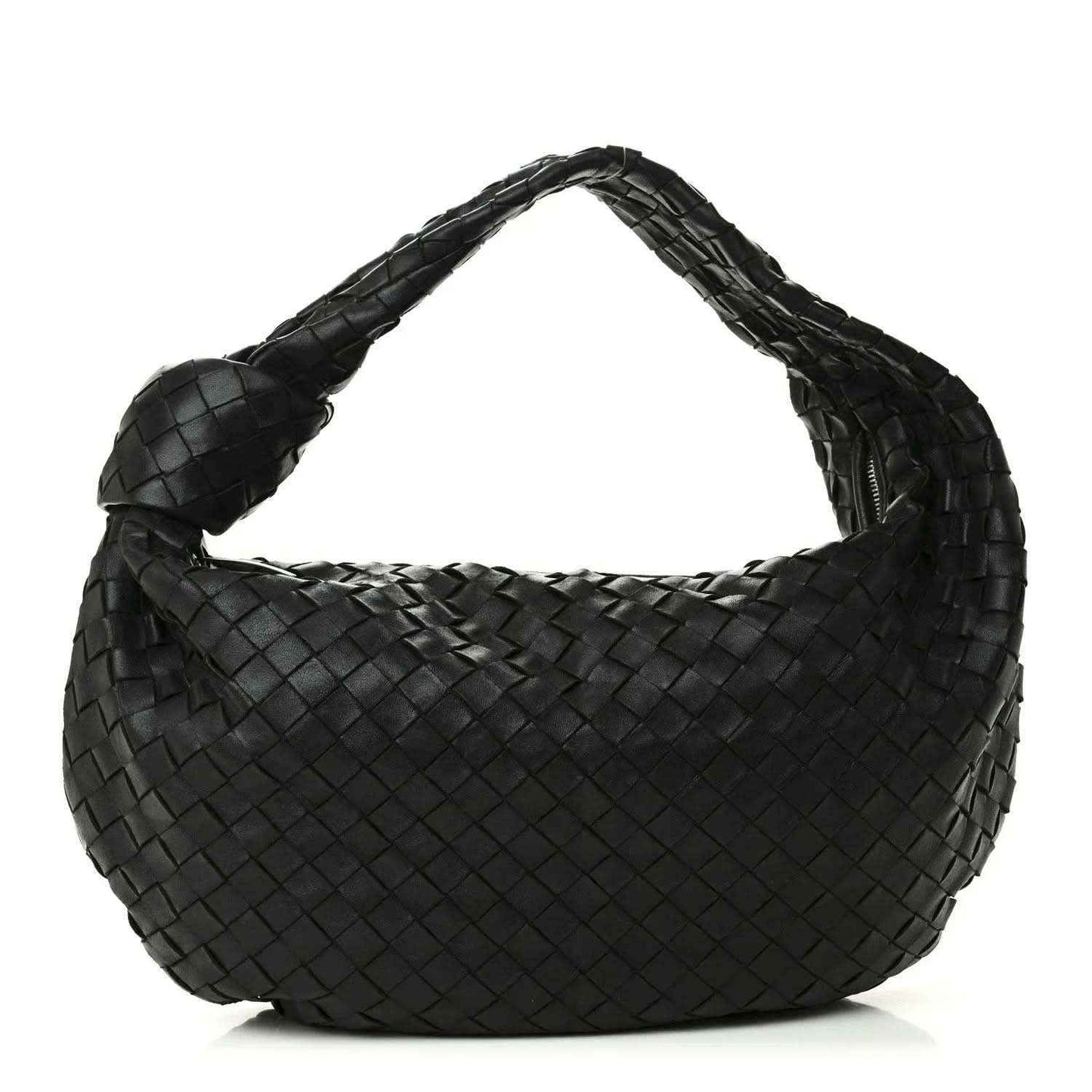 Black woven leather shoulder bag with Intrecciato hobo shape and braided handle