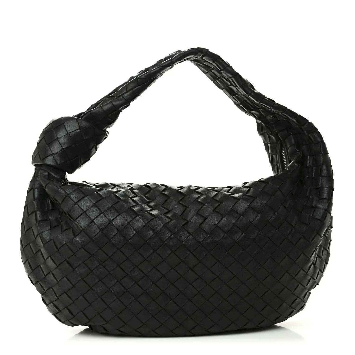 Black woven leather shoulder bag with Intrecciato hobo shape and braided handle