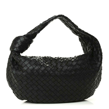 Black woven leather shoulder bag with Intrecciato hobo shape and braided handle