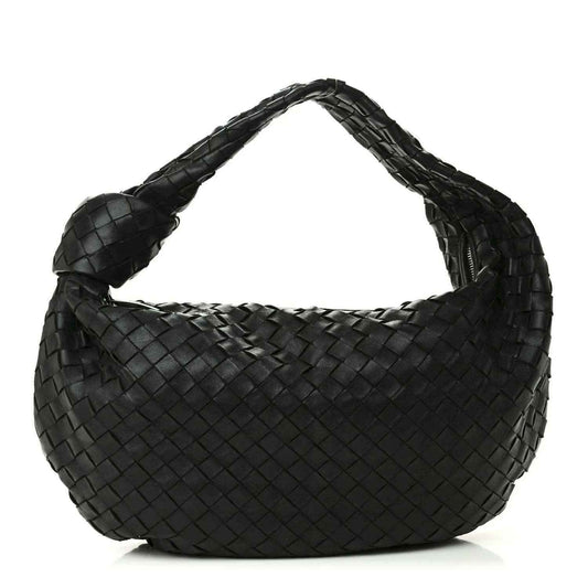 Black woven leather shoulder bag with Intrecciato hobo shape and braided handle