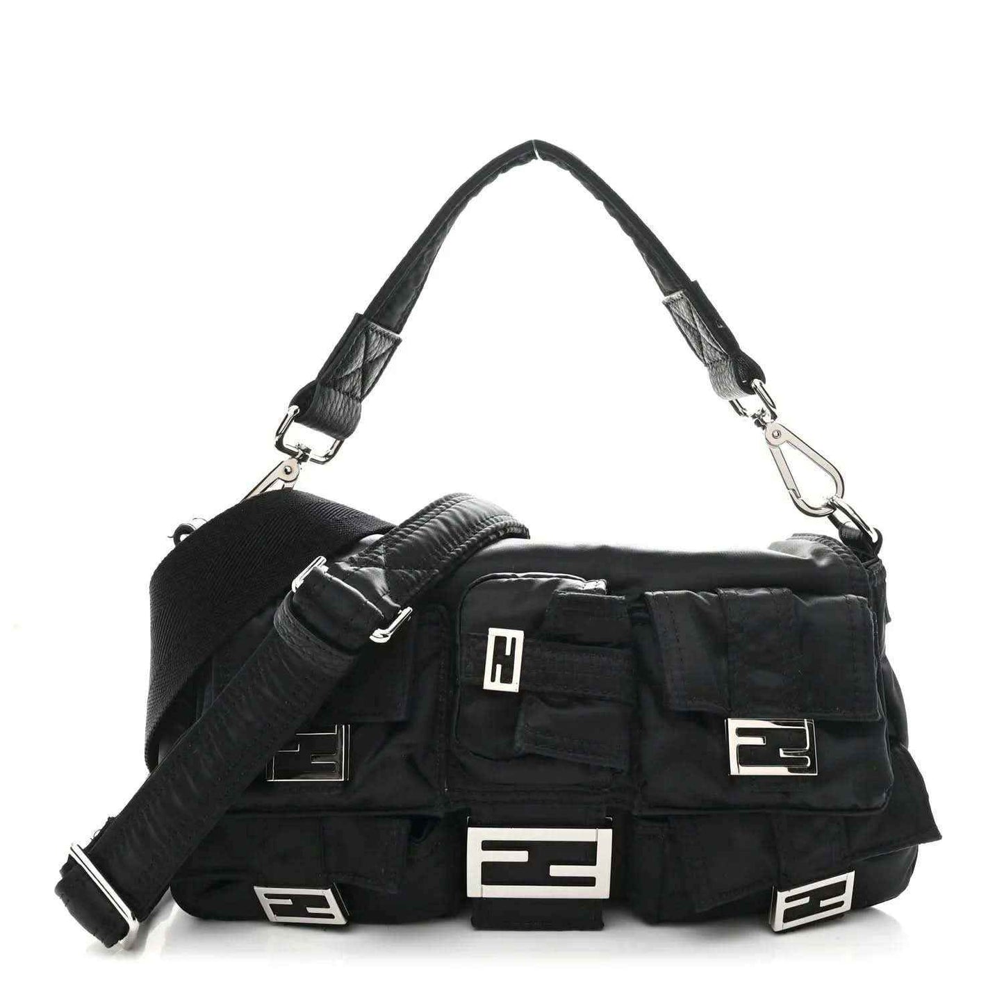 Fendi Econyl black nylon multipocket baguette bag with adjustable strap and front buckles