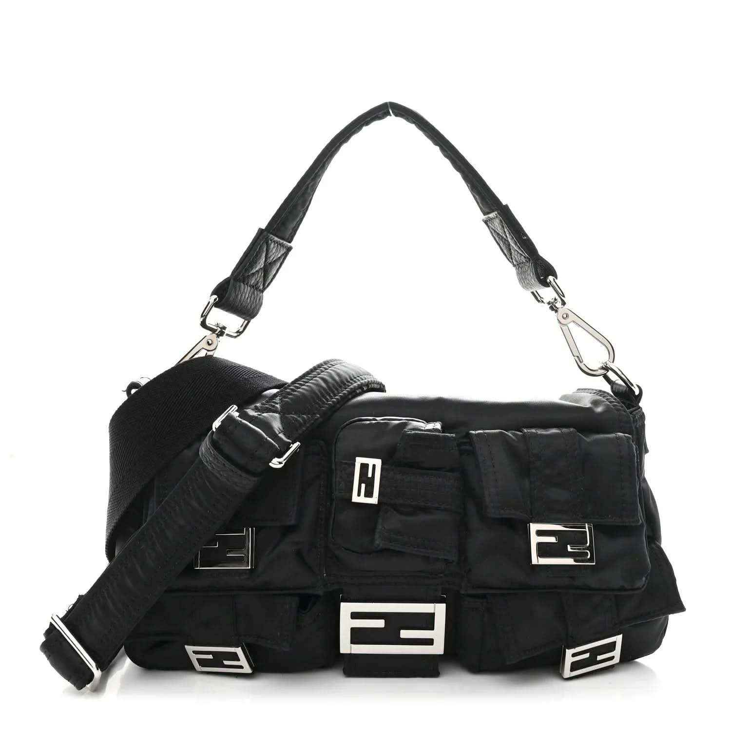 Fendi Econyl black nylon multipocket baguette bag with adjustable strap and front buckles