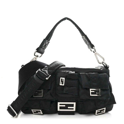 Fendi Econyl black nylon multipocket baguette bag with adjustable strap and front buckles