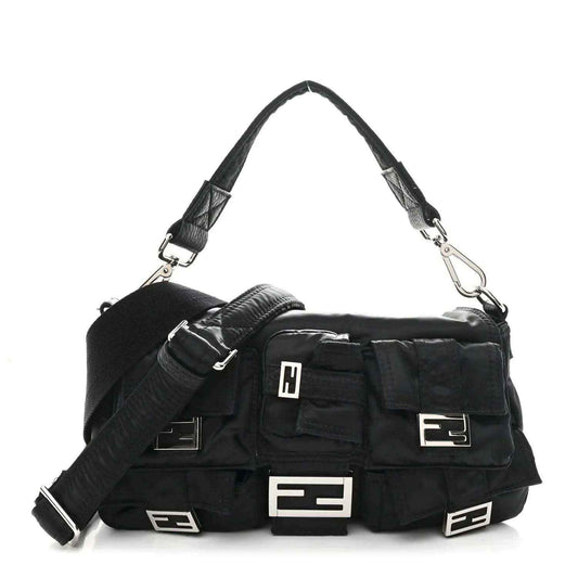 Fendi Econyl black nylon multipocket baguette bag with adjustable strap and front buckles