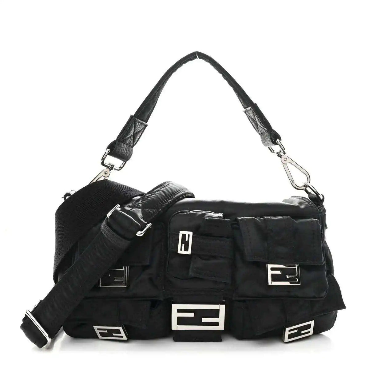 Fendi Econyl black nylon multipocket baguette bag with adjustable strap and front buckles