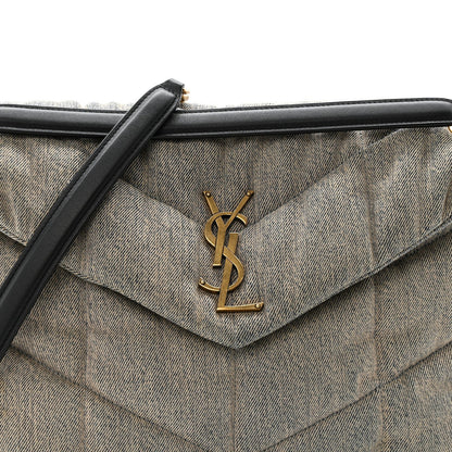 Denim quilted puffer satchel with YSL monogram on front flap