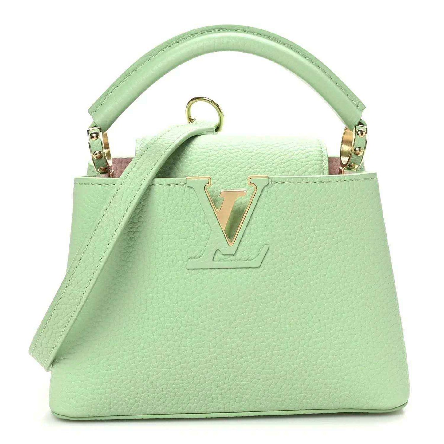 Green leather mini handbag with gold V lock