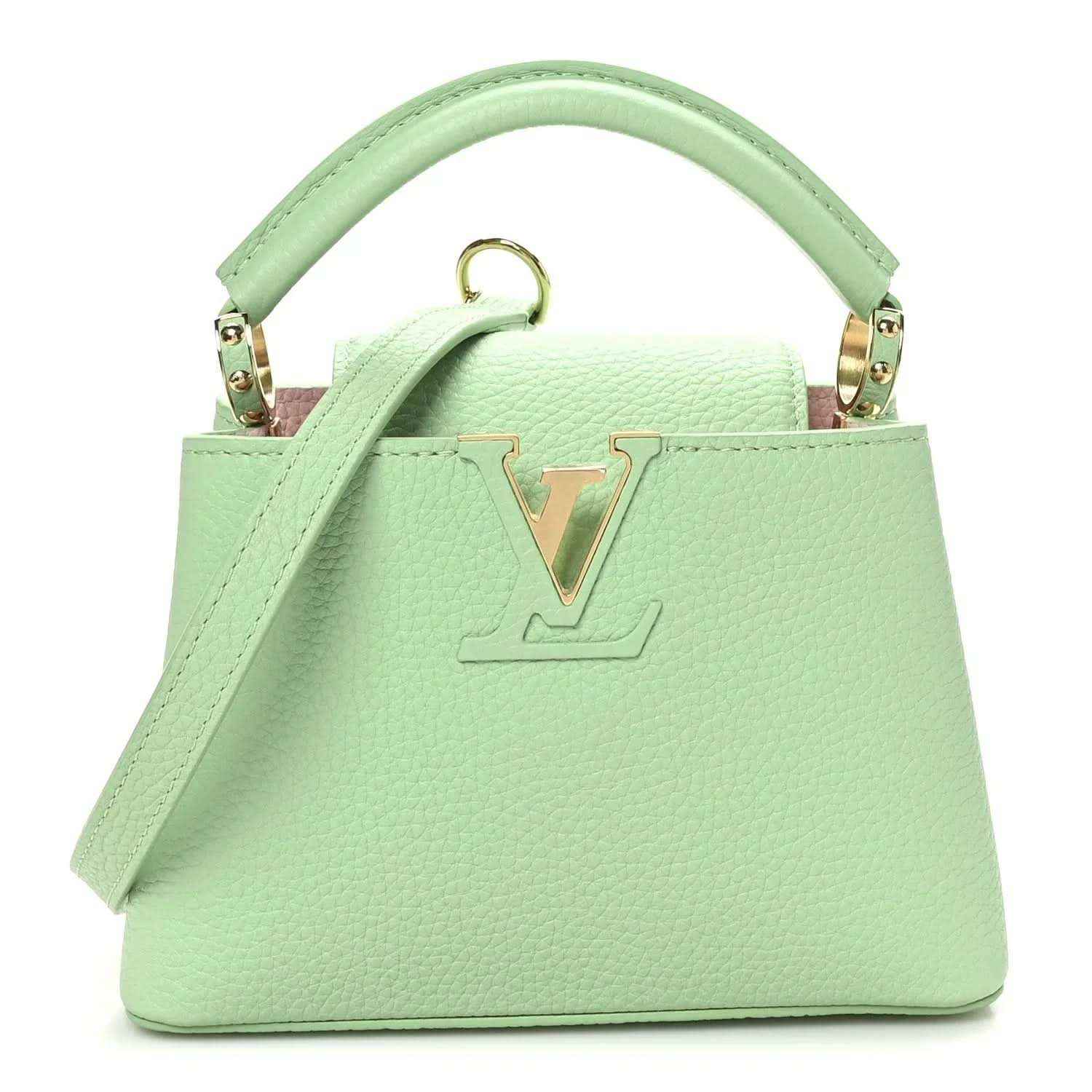 Green leather mini handbag with gold V lock