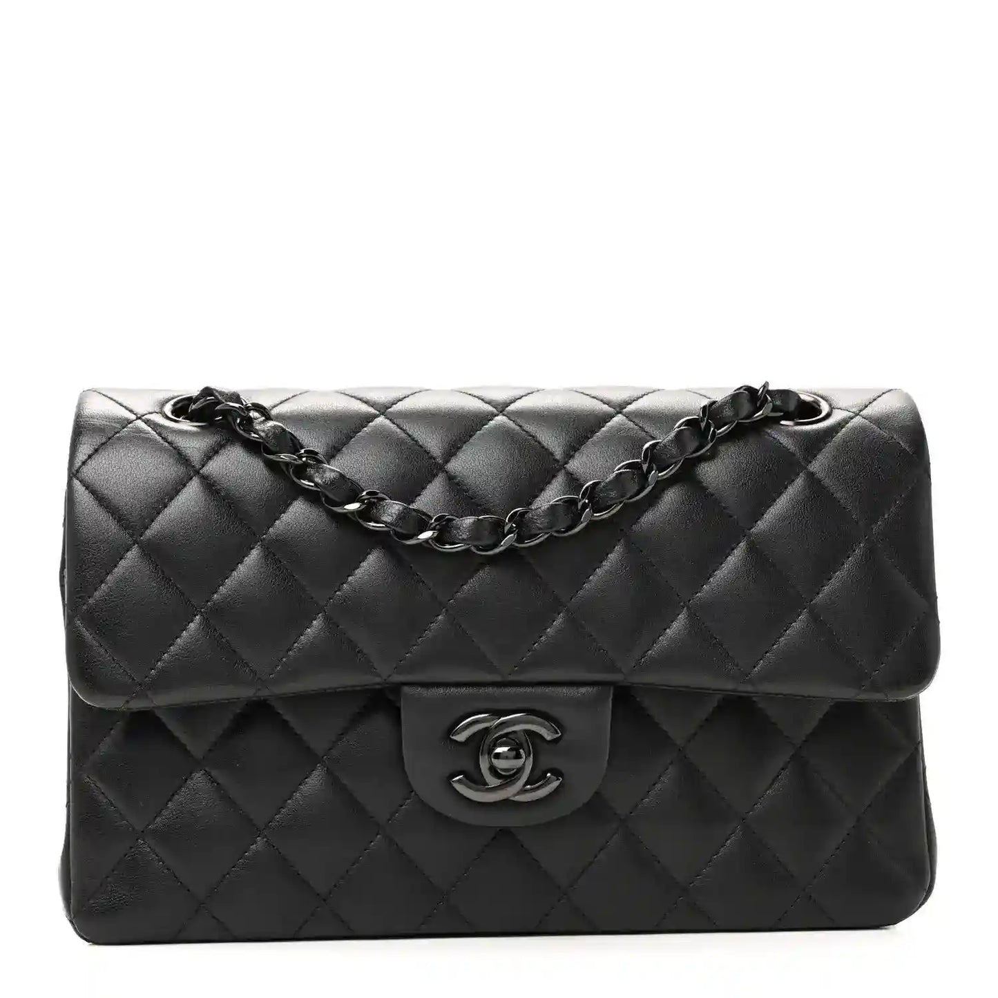 Quilted double-flap leather bag with chain strap and CC logo, dark black