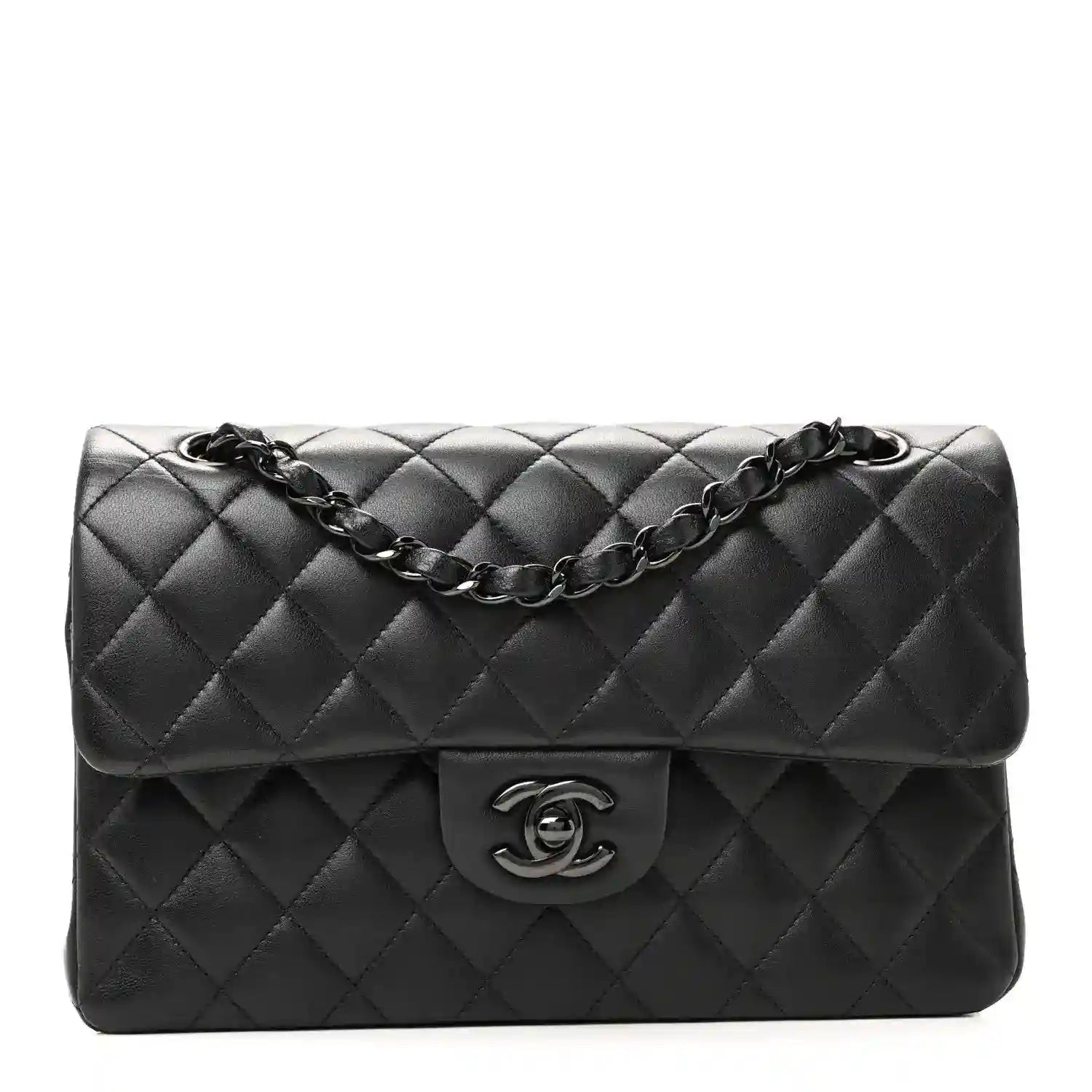 Quilted double-flap leather bag with chain strap and CC logo, dark black