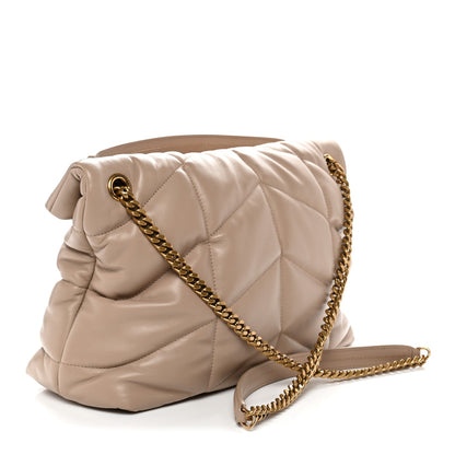 Dark beige puffer quilted satchel with gold chain strap and side clasp hardware