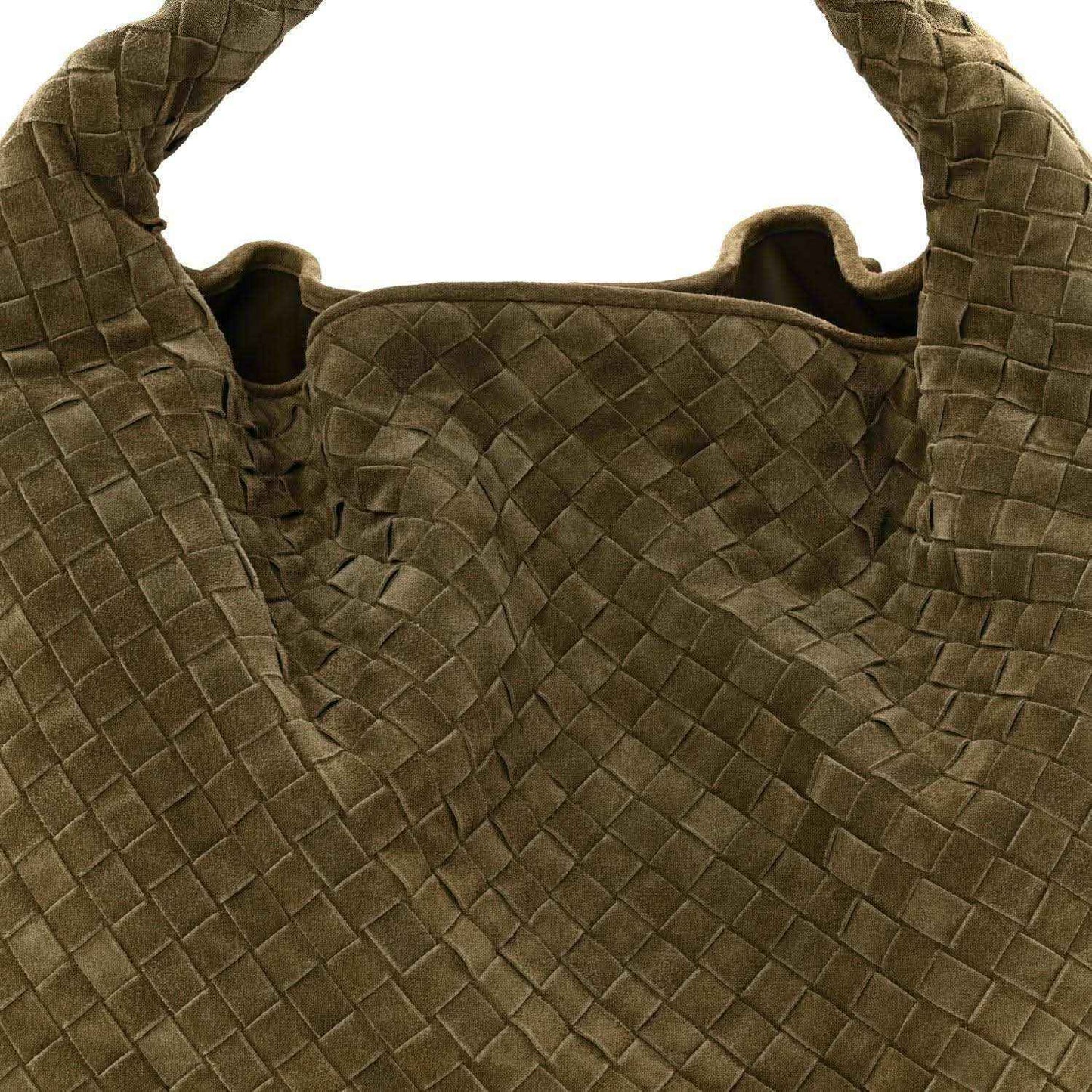 Suede intrecciato hobo bag opening with woven panel and dark lining