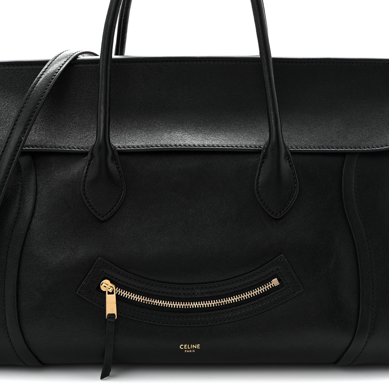 Celine black leather tote front with curved zipper pocket and small CELINE logo