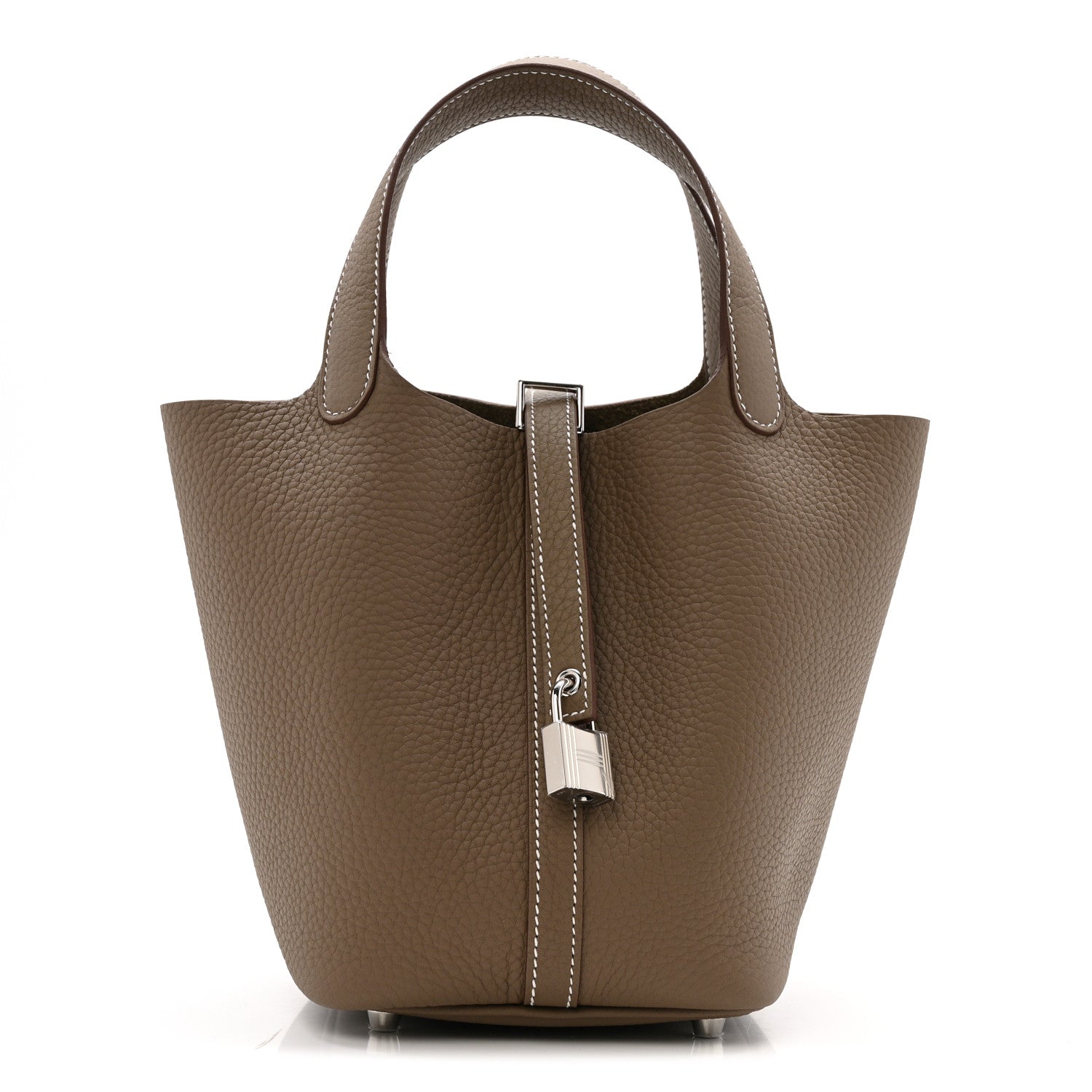 Etoupe leather tote bag with lock clasp and two top handles