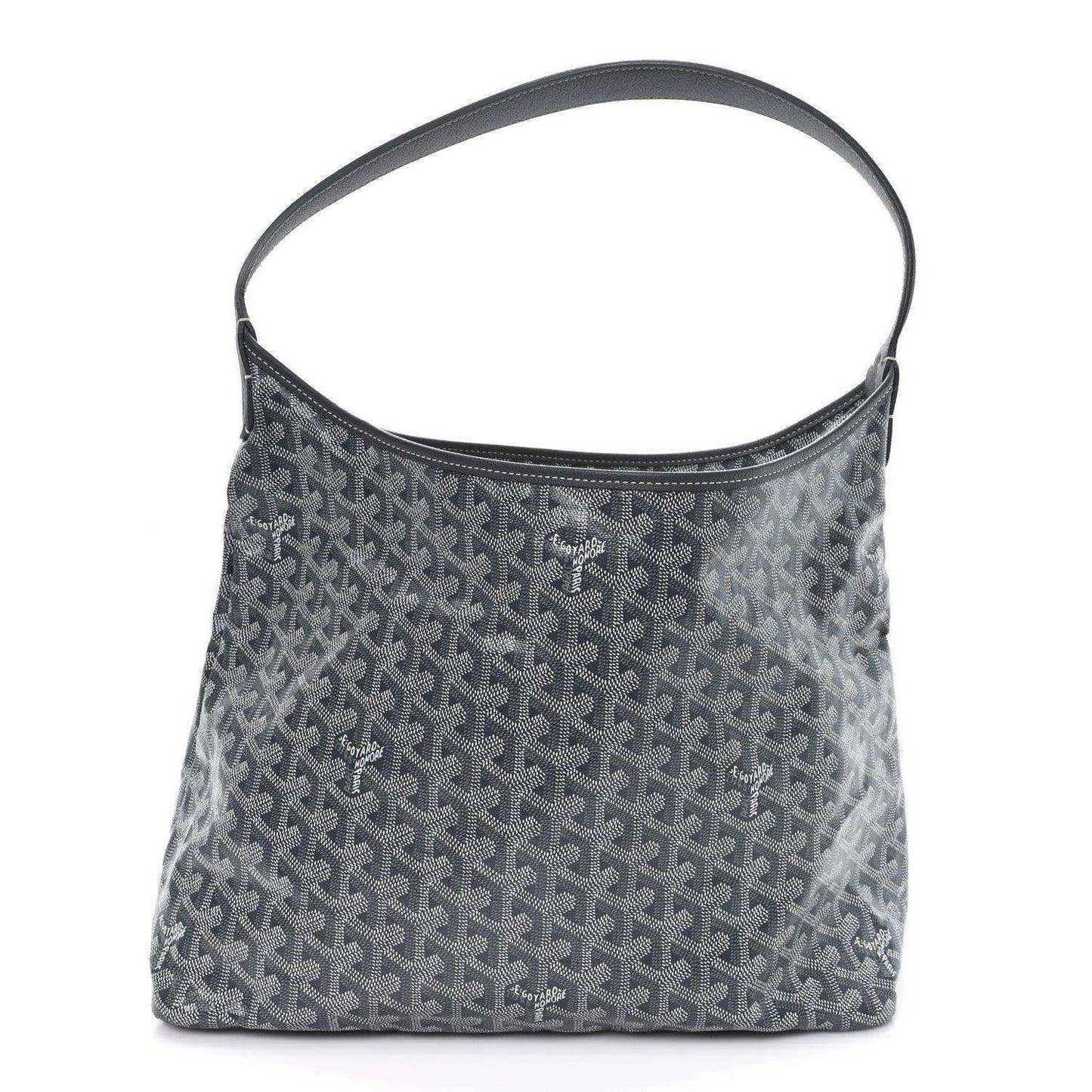 Grey Goyardine hobo bag with top handle and repeating Goyard logo pattern