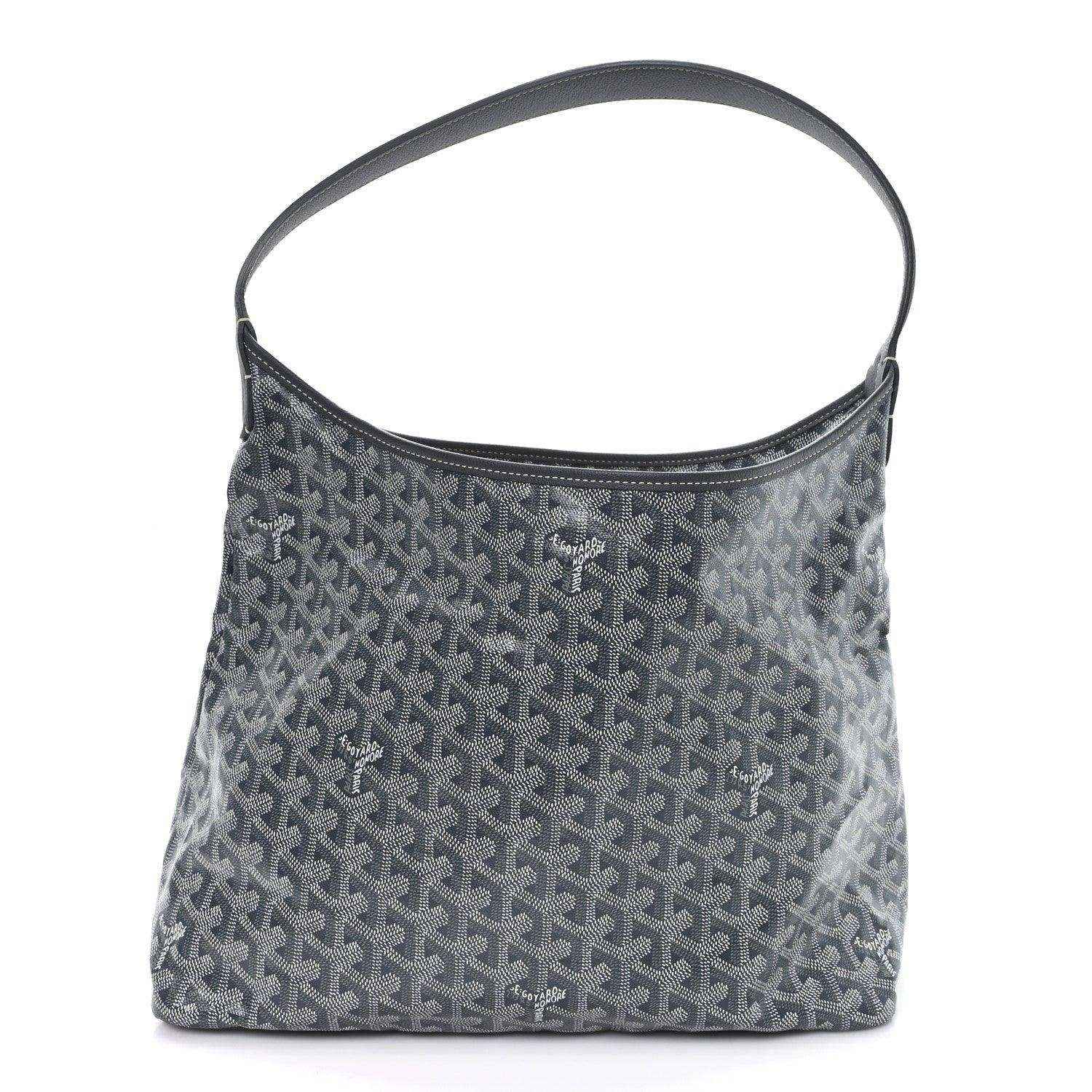 Grey Goyardine hobo bag with top handle and repeating Goyard logo pattern