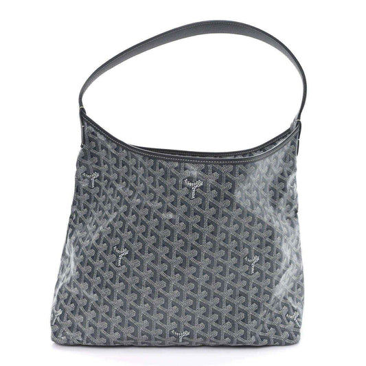 Grey Goyardine hobo bag with top handle and repeating Goyard logo pattern