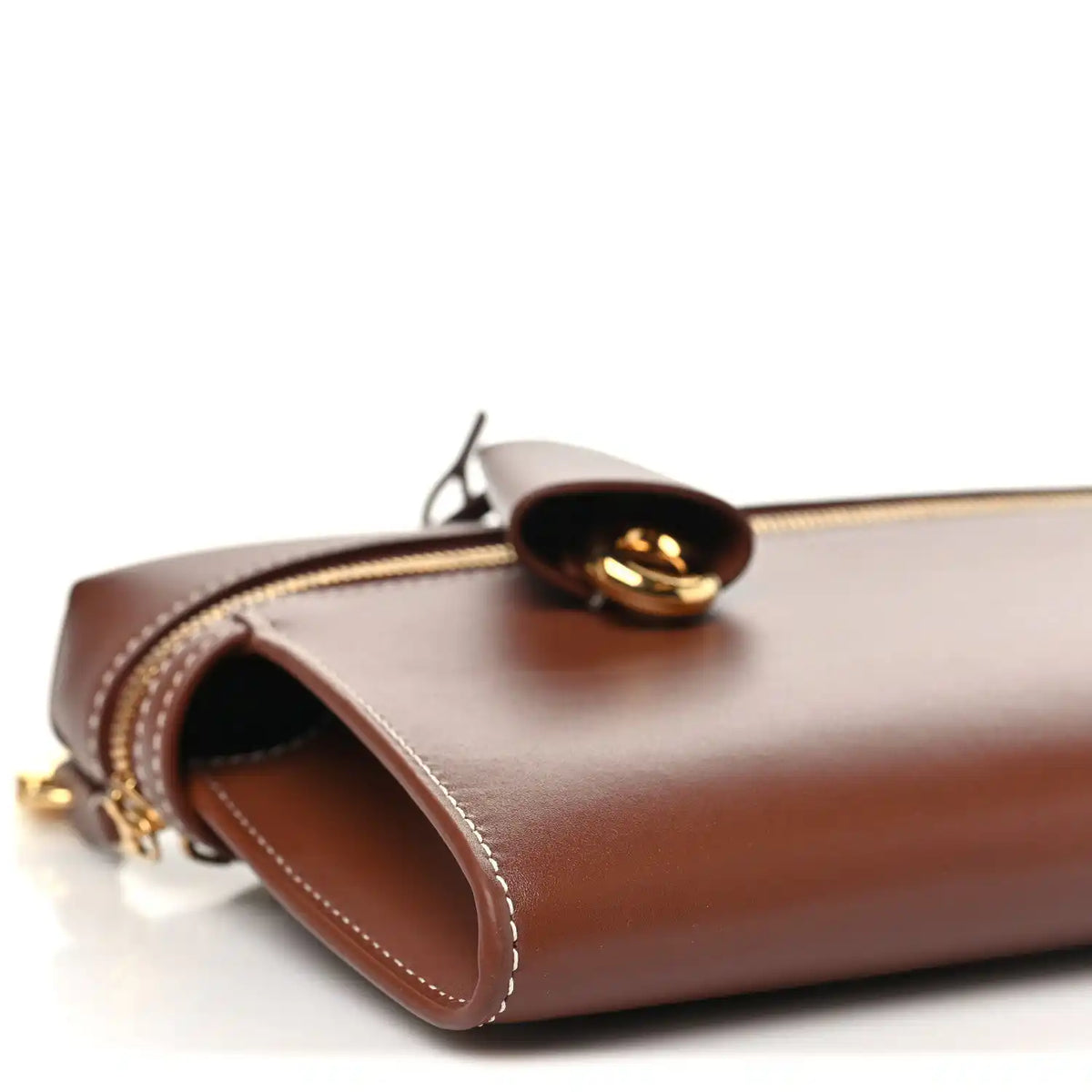 Loro Piana smooth calfskin clutch with open side and gold zipper pull hardware