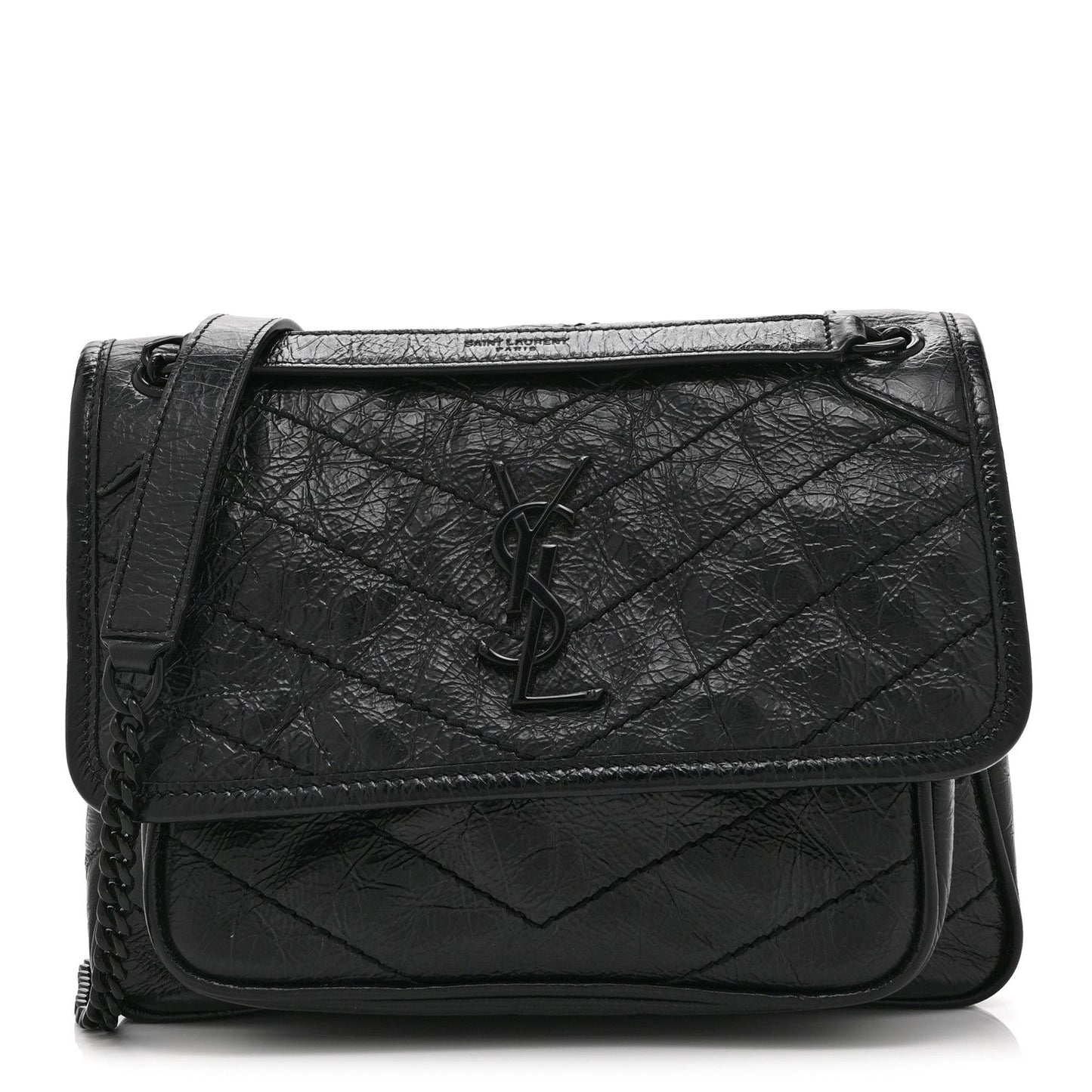 Black satchel bag with YSL monogram front flap and chain shoulder strap