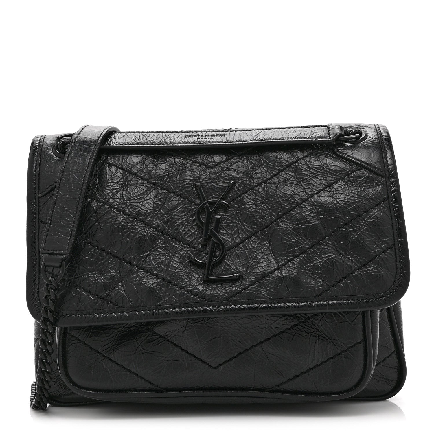 Black satchel bag with YSL monogram front flap and chain shoulder strap
