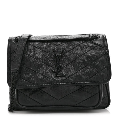 Black satchel bag with YSL monogram front flap and chain shoulder strap