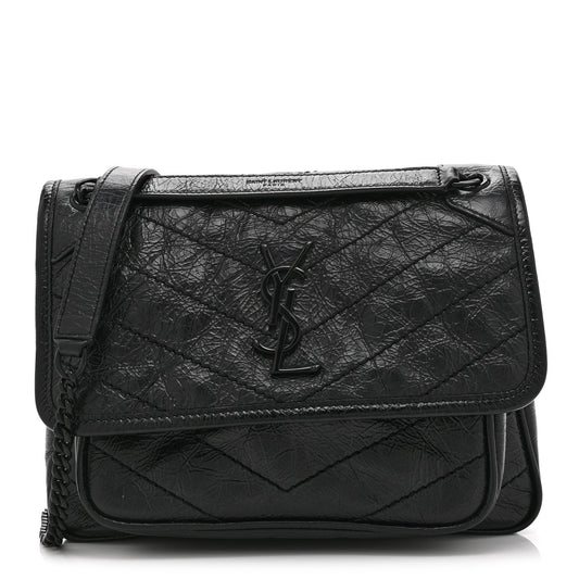 Black satchel bag with YSL monogram front flap and chain shoulder strap