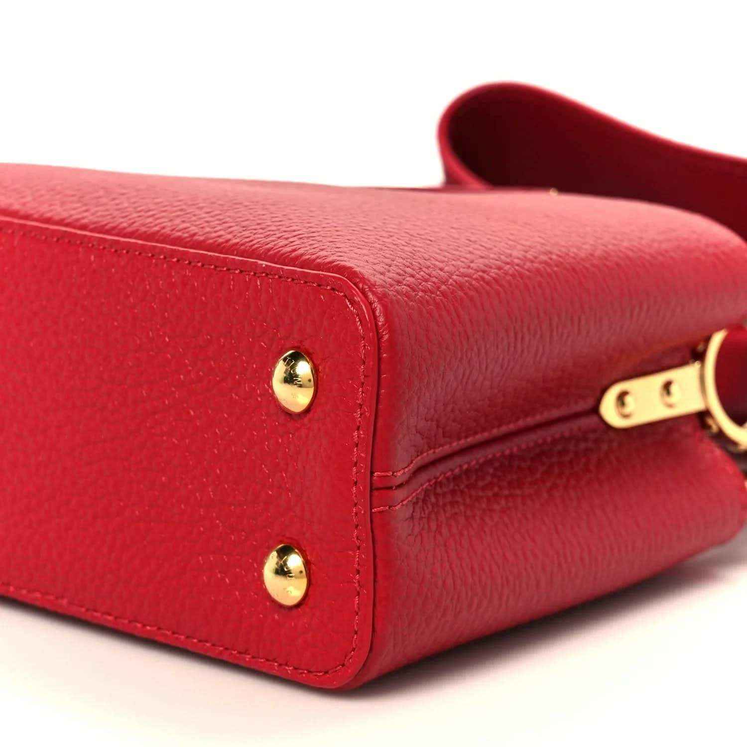 Louis Vuitton scarlet leather mini handbag corner with gold-tone studs and clasp hardware