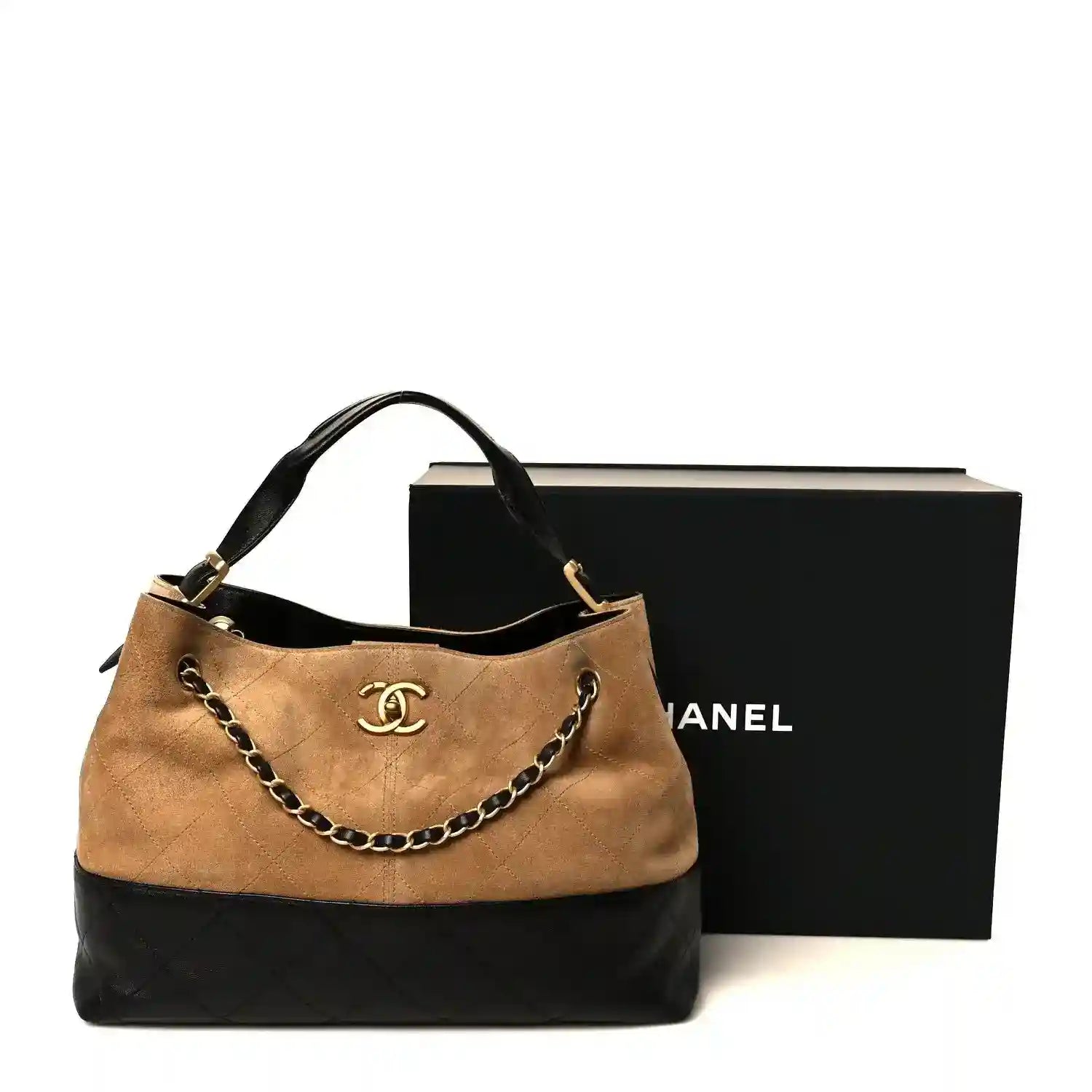Beige suede small shopping bag with Chanel CC logo, chain handle, black trim