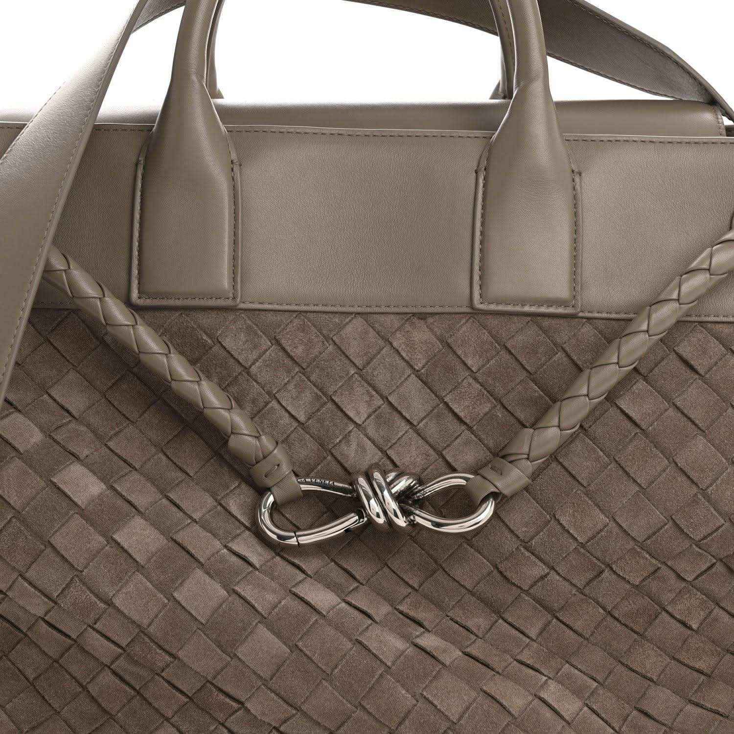 Bottega Veneta suede intrecciato tote bag front, limestone, knot clasp and handles