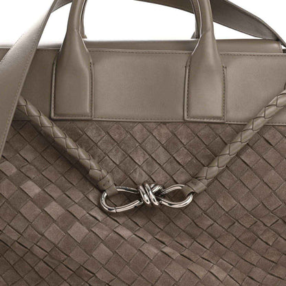 Bottega Veneta suede intrecciato tote bag front, limestone, knot clasp and handles