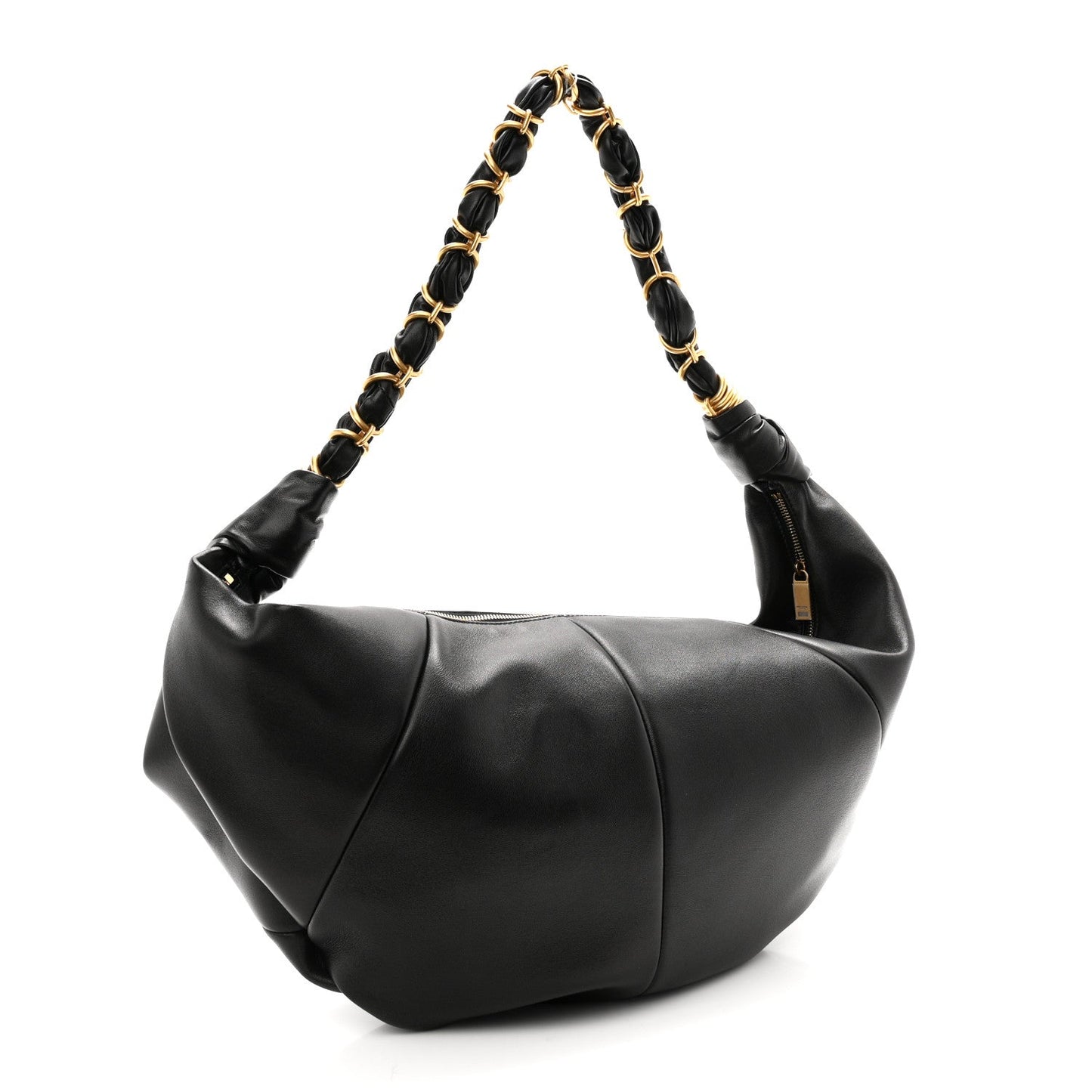 Black lambskin hobo bag with braided chain handles and front center seam
