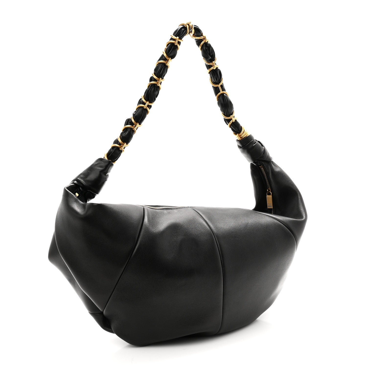 Black lambskin hobo bag with braided chain handles and front center seam