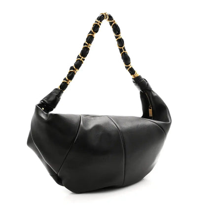 Black lambskin hobo bag with braided chain handles and front center seam