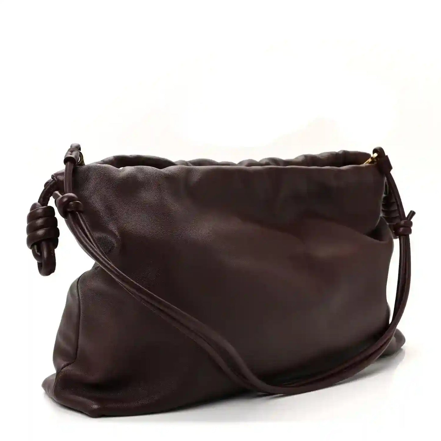 Dark burgundy leather crossbody clutch with curved front seam