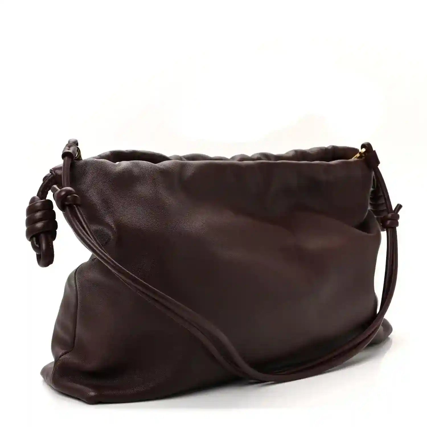 Dark burgundy leather crossbody clutch with curved front seam