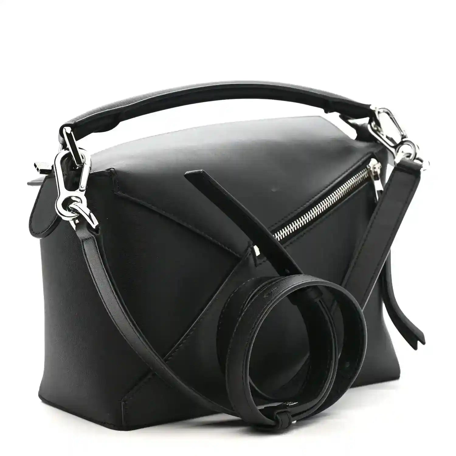 Small Puzzle Edge shoulder bag in black leather with structured top and metal zipper