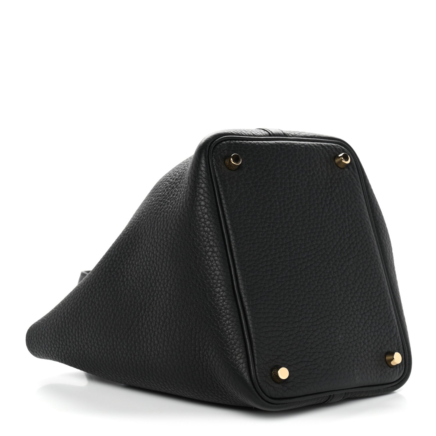 Black textured leather triangular tote with gold corner hardware